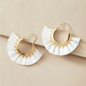 White fan shaped fringe drop earrings